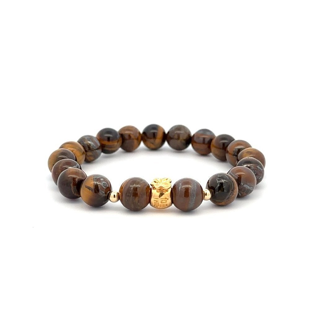 18K Gold Money Bag Lucky Charm Beads Bracelet Gemstones Tiger's Eye 8mm